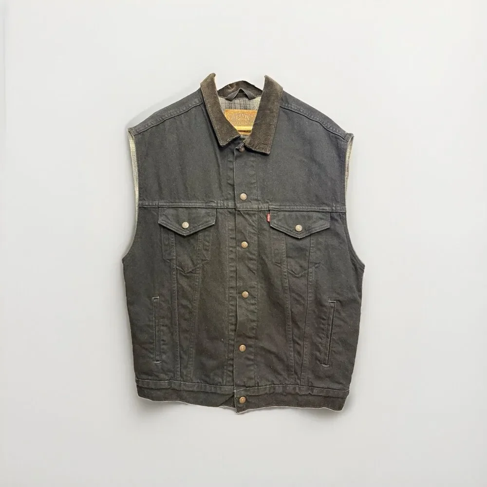 Levi’s Sherpa Lined Black Denim Trucker Vest Corduroy Collar Men’s L Vintage
